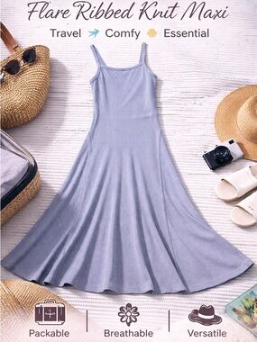 Ribbed Knit Flare Tank Dress Gray Midi Stretch Travel Summer Essential